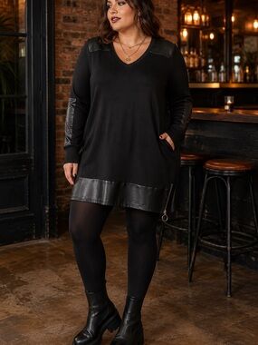 Say What? Plus 1X Black Faux Leather Trim Sweater Dress Tunic Goth Y2K